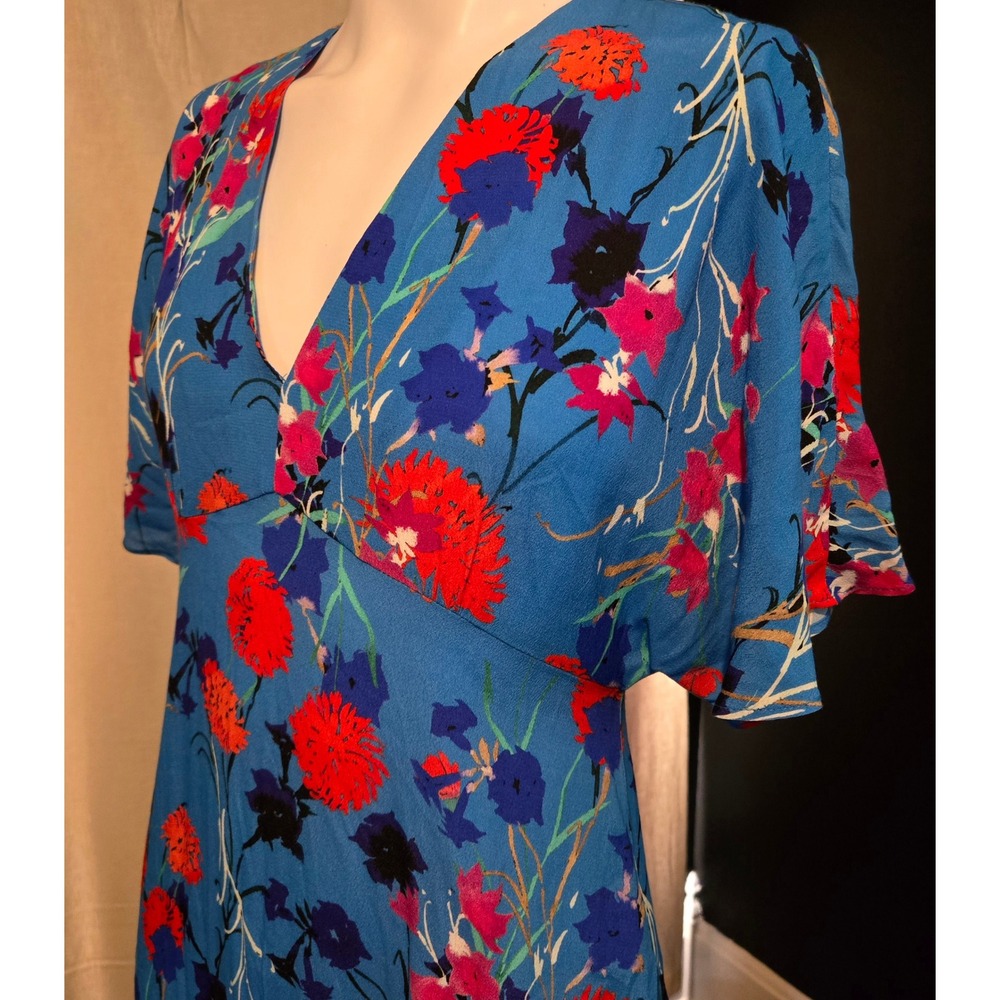 Zara Basic Blue Floral V-Neck Ruffle Midi Dress Short Sleeve Viscose Large